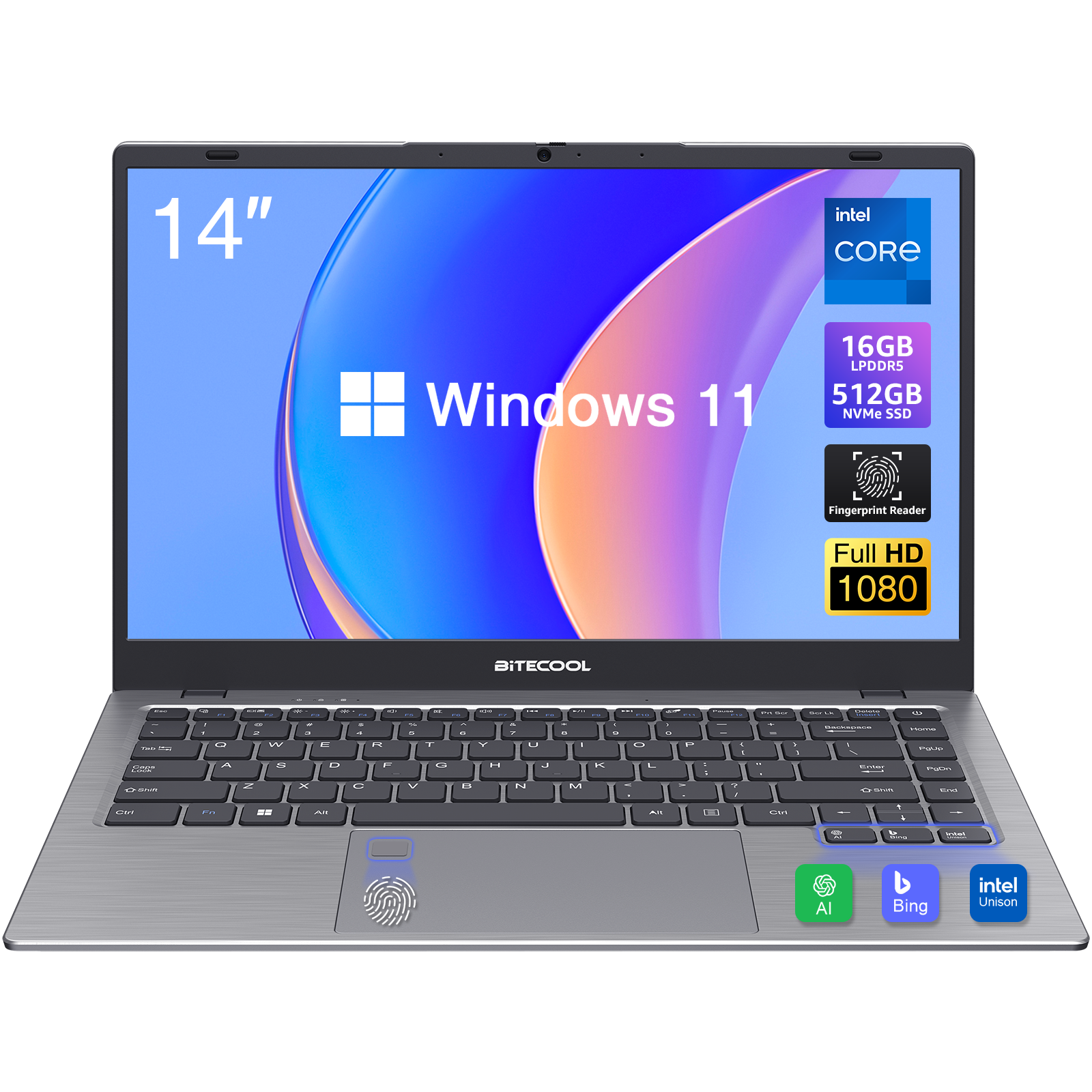 BiTECOOL 14インチ 軽量薄型ノートPC 16GB+512GB SSD 日本語キーボード付き