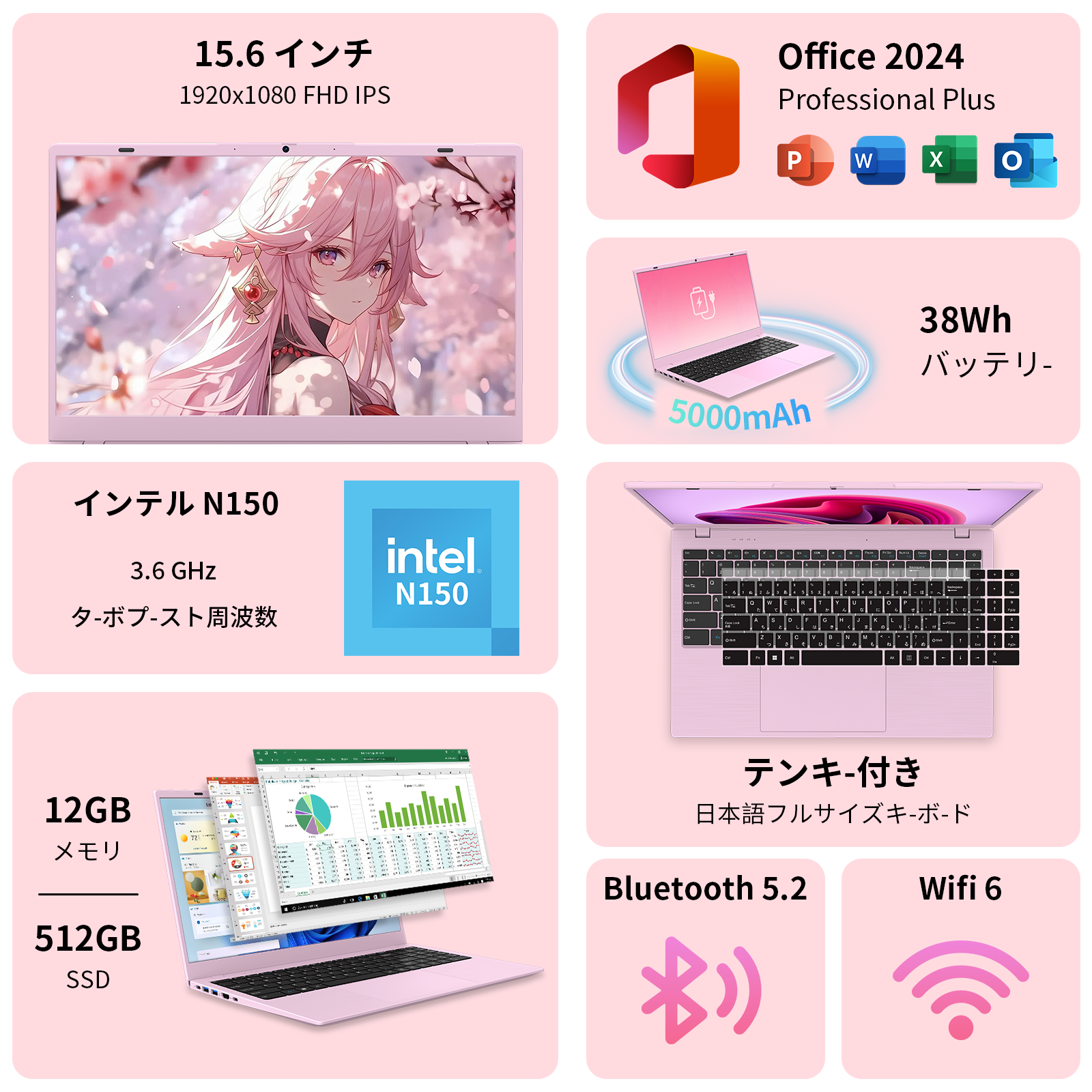 bitecool 15.6型ノートパソコン(fhd ips/intel n150/12gb ram/512gb ssd/日本語キーボード搭載)の製品仕様