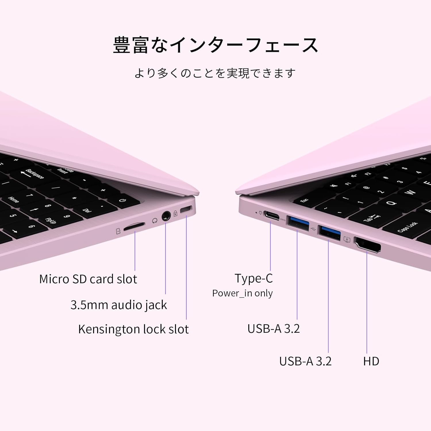 BiTECOOL ノートPCの豊富なインターフェース(Type-C/HDMI/USB 3.2/Micro SD/セキュリティスロット)