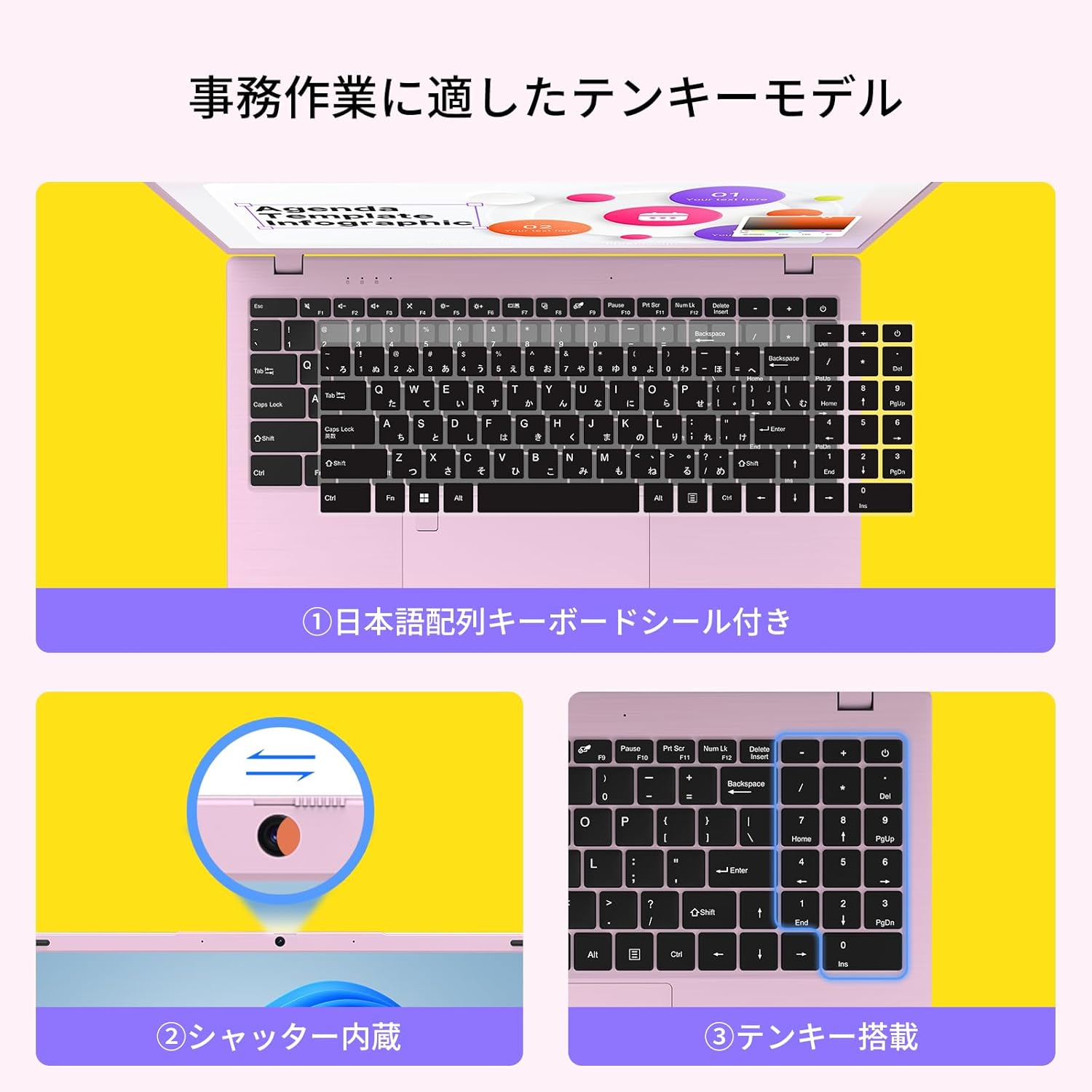 BiTECOOL テンキー搭載ノートPC(日本語配列キーボード/物理カメラシャッター/事務作業向け)