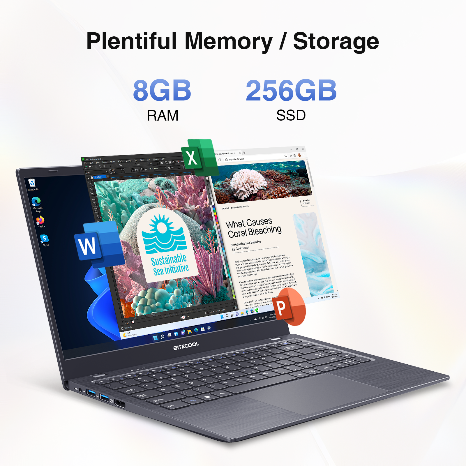 BiTECOOL Seraph Windows 11 Pro Laptop | 14“ FHD IPS Screen | Intel Celeron N4000 Dual Core | 8GB LPDDR4+256GB SATA3 SSD | 2.4G/5G Wifi | Bluetooth 5.1 | 30.4Wh Battery