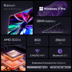15.6 IPS-FHD-Laptop, 8GB RAM 256GB SSD AMD 3020e (up to 2.6GHz), Full Function Type C Computer for Student-Home WiFi 5 BT5.0 Win 11 Pro