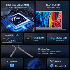 BiTECOOL 15.6-inch AI Ready Windows 11 Laptop, Intel Ultra 5 115U with AI Boost, Pre-installed Office 2024 12GB LPDDR5, 512GB SSD, FHD IPS, WiFi 6, BT5.2, Backlit Keyboard, Privacy Cover Webcam