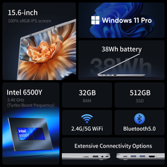 15.6 IPS-FHD-Laptop, 32GB RAM 512GB SSD 6500Y (up to 3.4GHz), Multi-Ports Lightweight Computer for Student-Home WiFi 5 BT5.0 Win 11 Pro