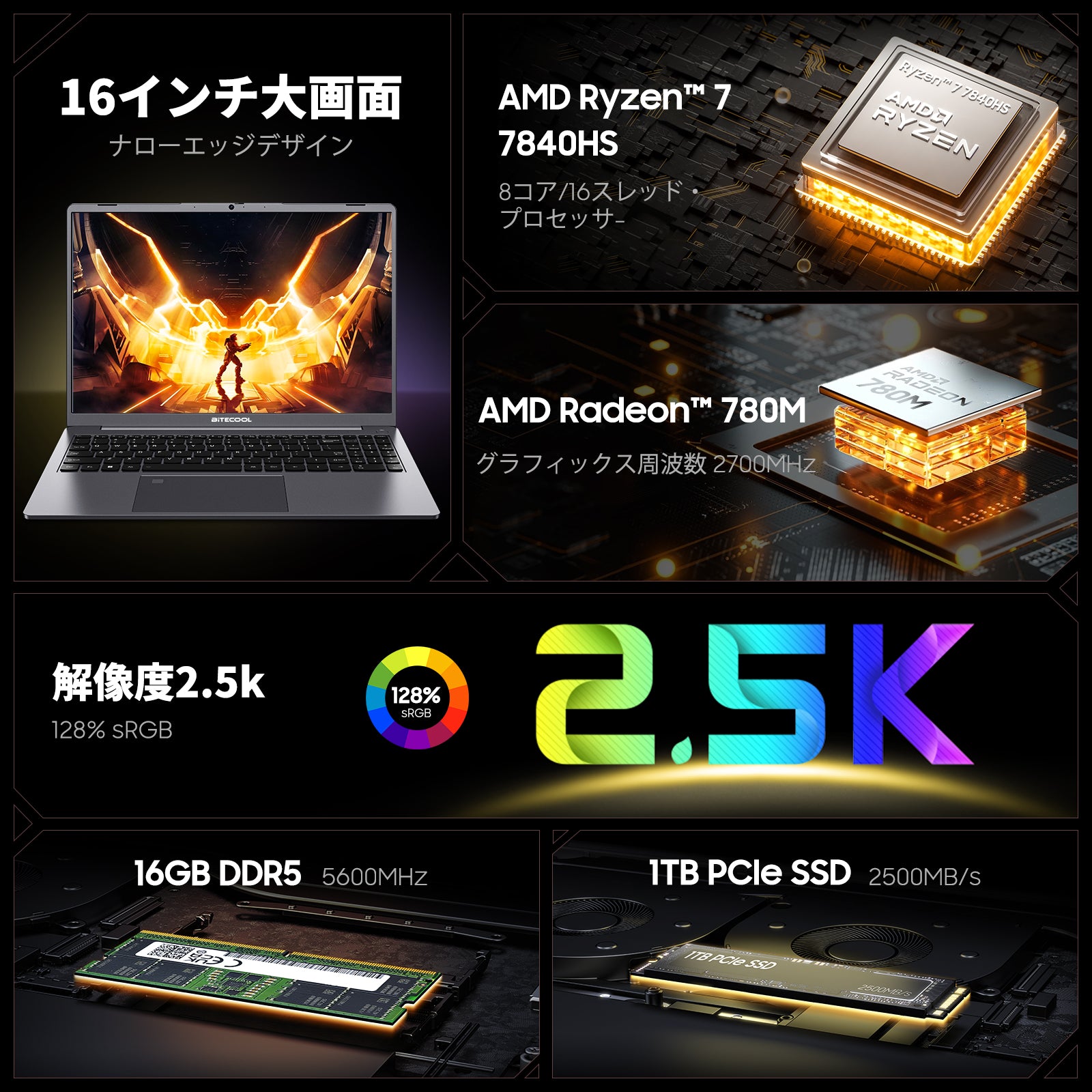 BiTECOOL Mesbook Proノートパソコン 16インチ大画面 Ryzen7 7840HS メモリ16GB 1TB SSD  WiFi6/ Bluetooth 5.2対応 解像度フルHD2560X1600 laptop ゲーミングノートPC、Windows11 Pro搭載 laptop gaming 3種輝度付き ビジネス、勉強・授業、動画編集