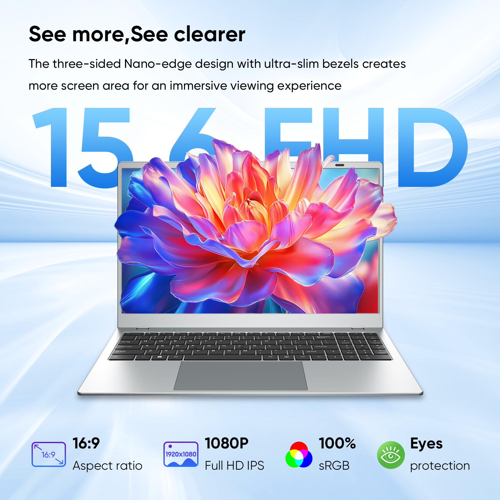 15.6" 1080p Laptop, Intel Pentium Gold 6500Y up to 3.4GHz 16GB RAM 256GB SSD, Slim Portable for Everyday Use, Home, School, Office Work, Video Calls, WiFi 5 Bluetooth 5.0 Silver