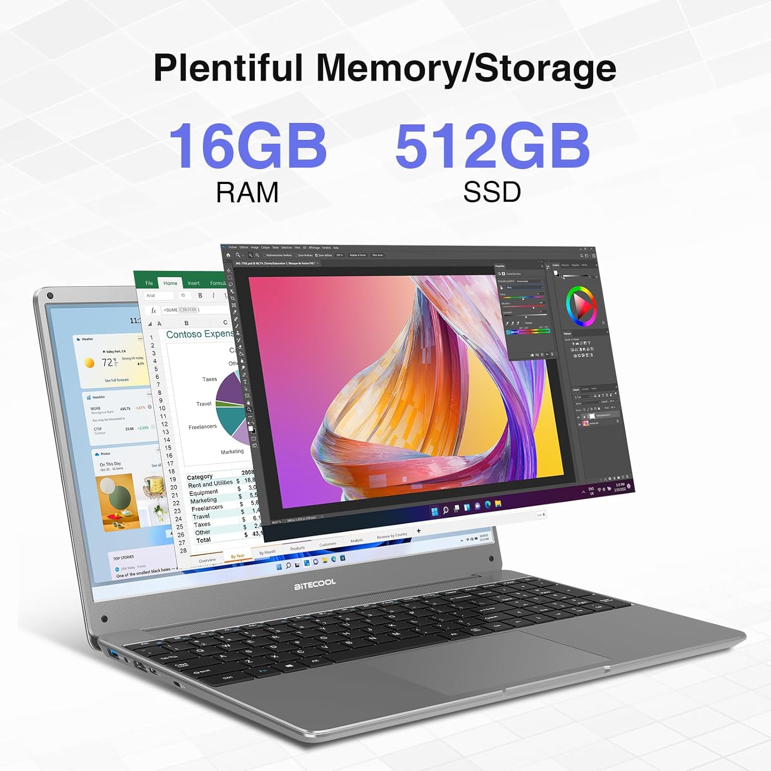 BiTECOOL NikoBook Windows 11 Pro portátil | Pantalla IPS FHD de 15,6" | Intel Core i3-5005U | SSD LPDDR4 de 12 GB + SSD SATA3 de 512 GB | WiFi 2,4G/5G | Bluetooth 5.0 | Batería de 34,2 Wh