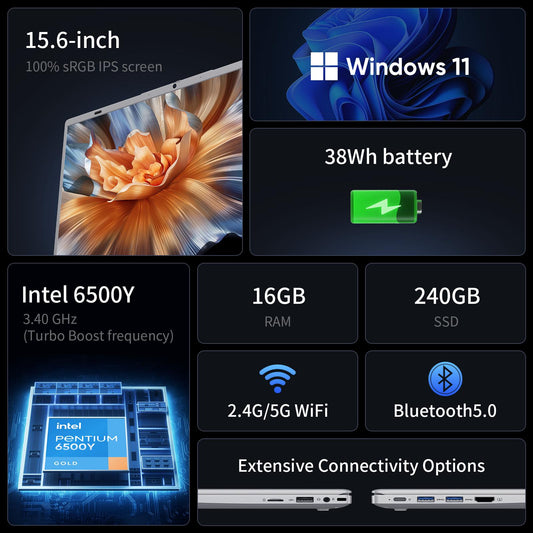 BiTECOOL 15.6-inch FHD IPS Laptop, 16GB LPDDR3 RAM 240GB SATA3 SSD, Intel Pentium Gold 6500Y (up to 3.4GHz), 4 Speakers, 2.4/5G WiFi Bluetooth 5.0, Windows 11 Lightweight Portable Notebook