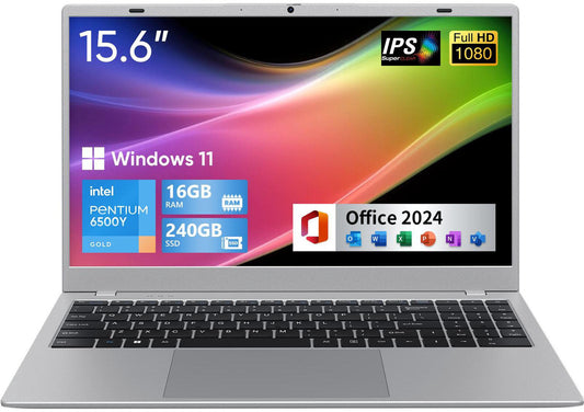 BiTECOOL 15.6-inch FHD IPS Laptop, 16GB LPDDR3 RAM 240GB SATA3 SSD, Intel Pentium Gold 6500Y (up to 3.4GHz), 4 Speakers, 2.4/5G WiFi Bluetooth 5.0, Windows 11 Lightweight Portable Notebook