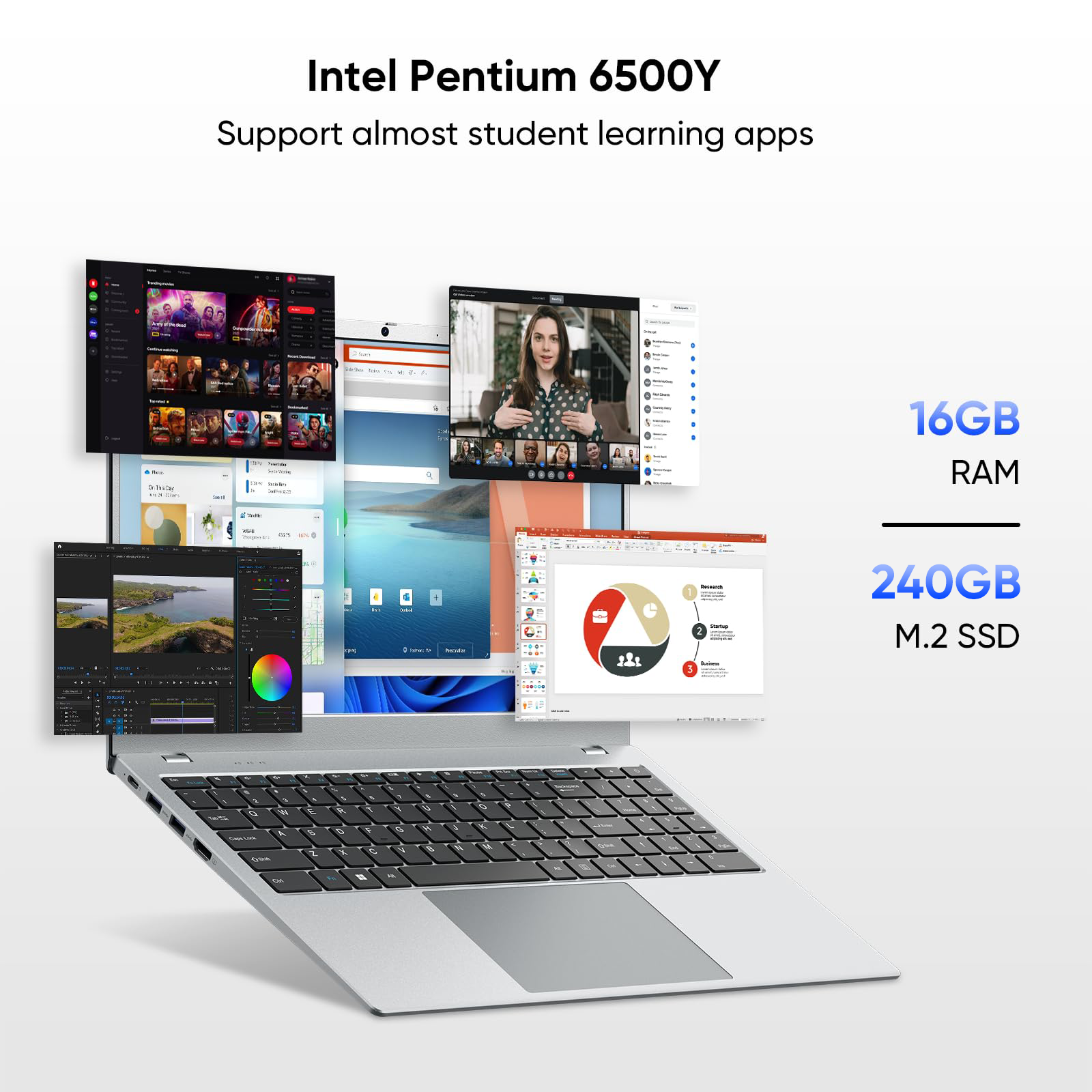 BiTECOOL 15.6" Slim Laptop with 16GB RAM 240GB SSD, Intel Pentium Gold 6500Y, WiFi 5 BT5.0, Type-C Fast Charging, Business Laptop for Work, Online Classes & Home Use