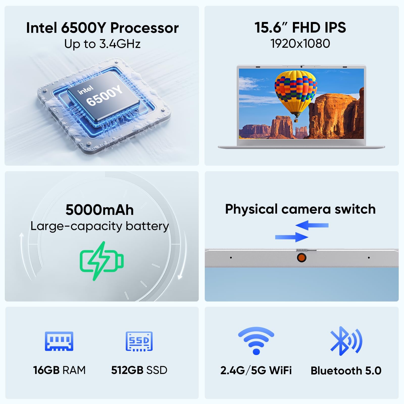 15.6" 1080p Laptop, Intel Pentium Gold 6500Y up to 3.4GHz 16GB RAM 256GB SSD, Slim Portable for Everyday Use, Home, School, Office Work, Video Calls, WiFi 5 Bluetooth 5.0 Silver