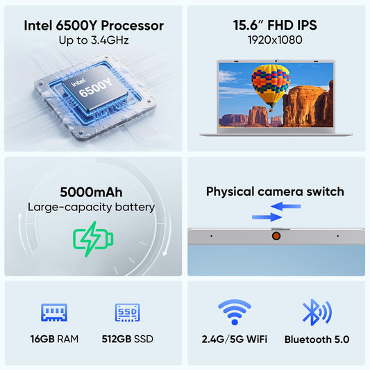 15.6" 1080p Laptop, Intel Pentium Gold 6500Y up to 3.4GHz 16GB RAM 256GB SSD, Slim Portable for Everyday Use, Home, School, Office Work, Video Calls, WiFi 5 Bluetooth 5.0 Silver