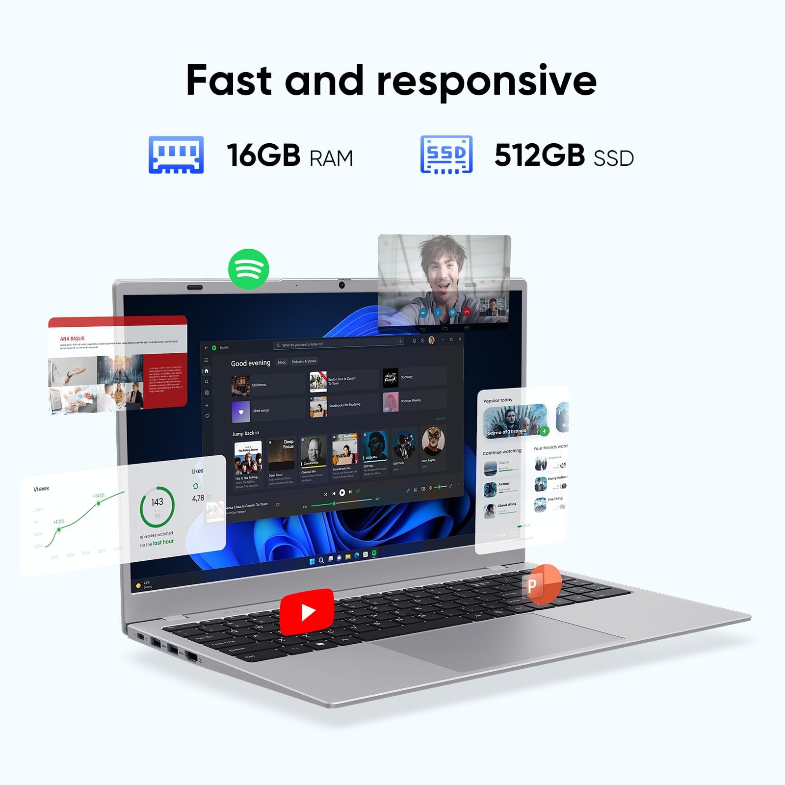 15.6" 1080p Laptop, Intel Pentium Gold 6500Y up to 3.4GHz 16GB RAM 256GB SSD, Slim Portable for Everyday Use, Home, School, Office Work, Video Calls, WiFi 5 Bluetooth 5.0 Silver