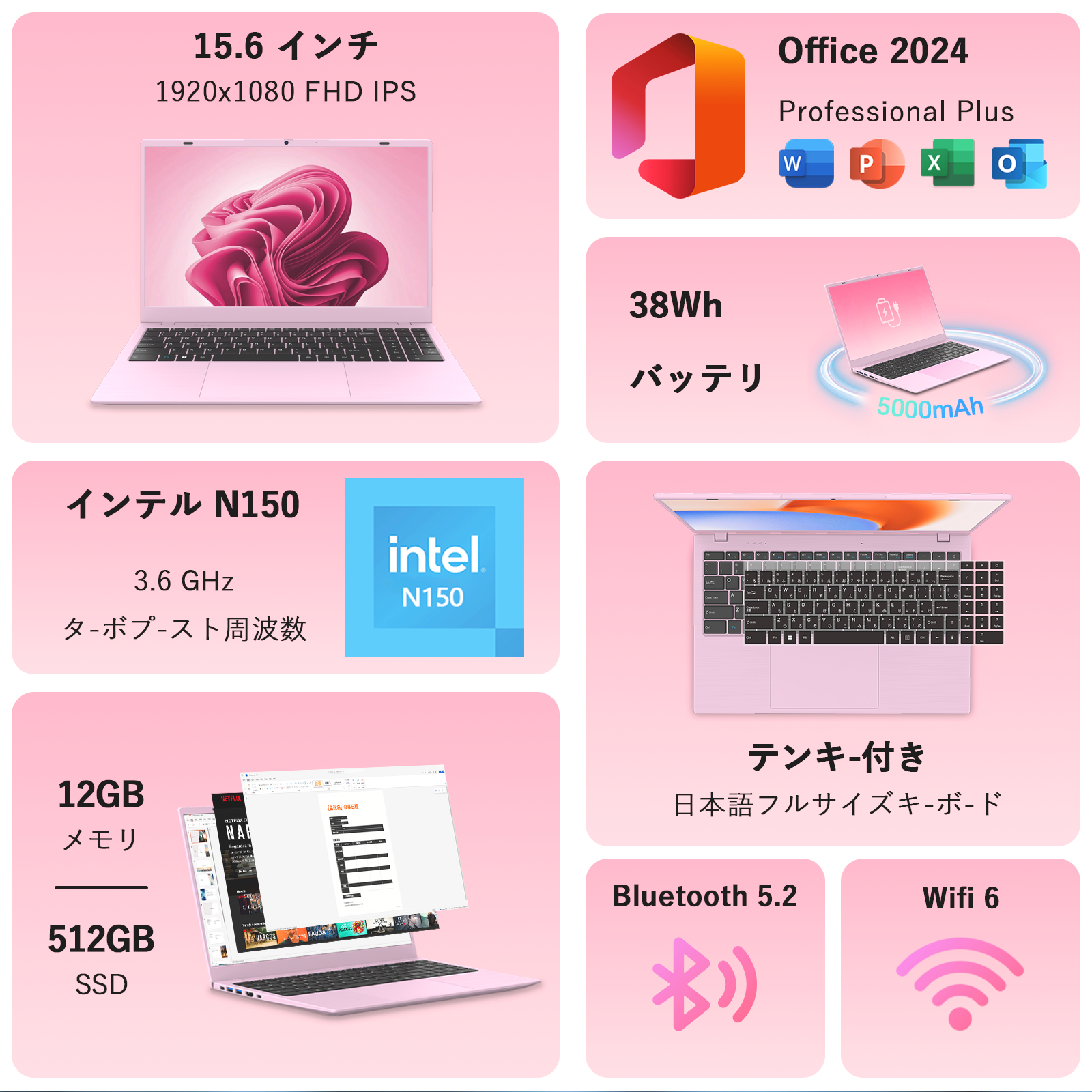 bitecool 15.6型ノートパソコン（fhd ips/intel n150/12gb ram/512gb ssd/日本語キーボード搭載）の製品仕様